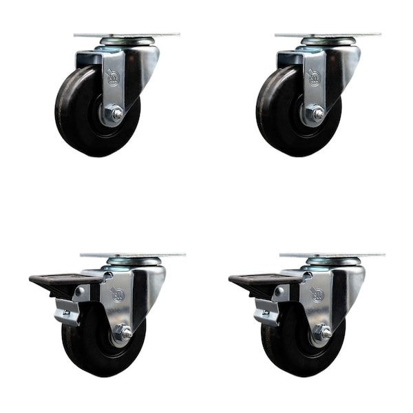 3.5'' Phenolic Wheel Swivel Top Plate Caster Set with 2 Posi Brakes, 4PK